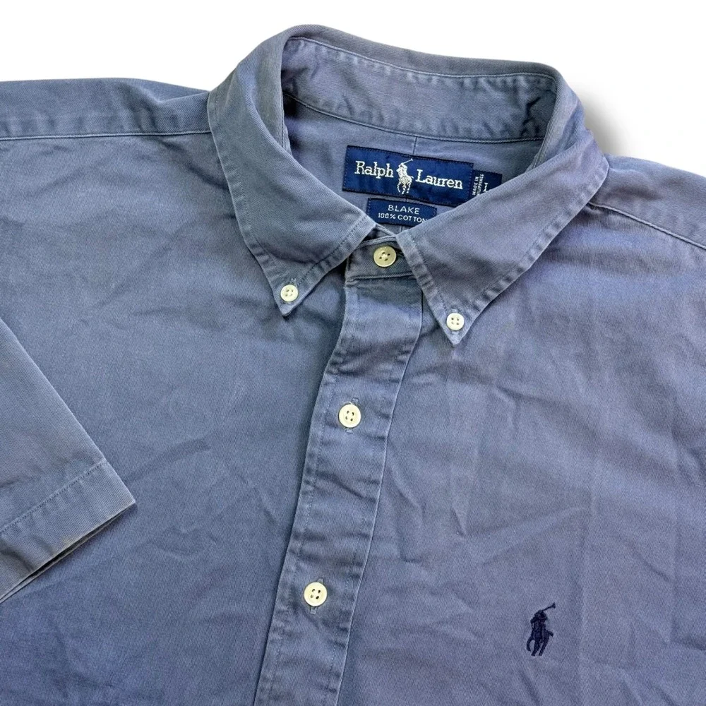 Ralph Lauren Button Down Shirt Mens L Blue Blake Cotton Short Sleeve Pony Logo‎
